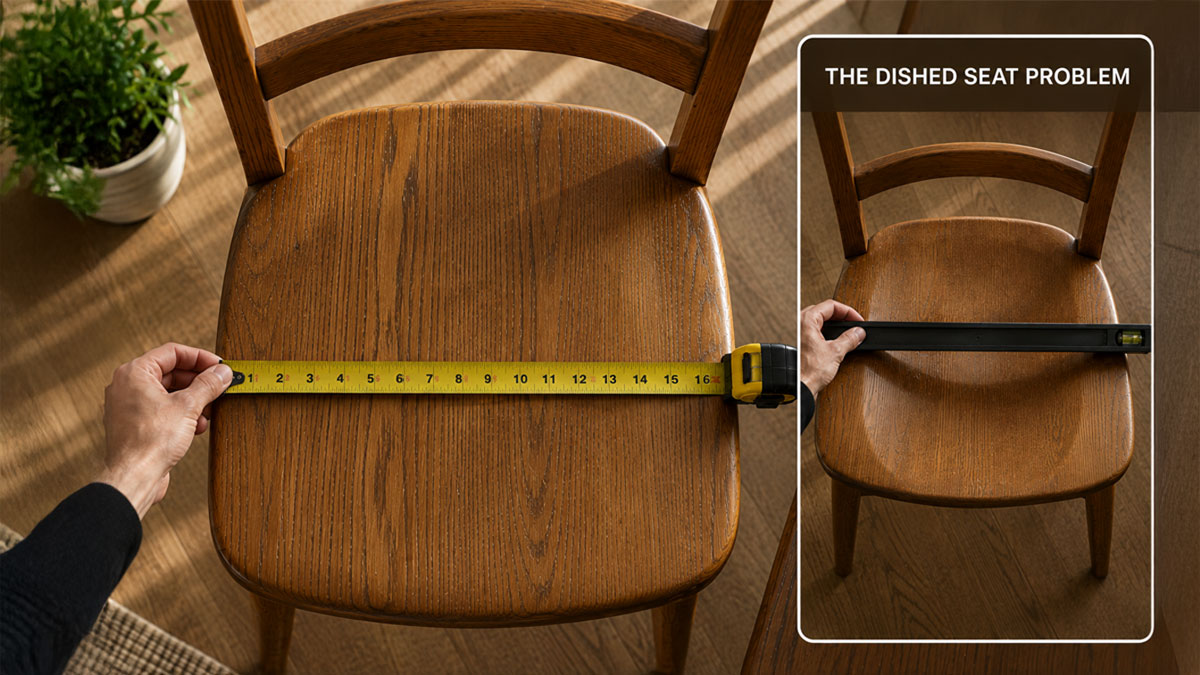 Overhead view of a wooden dining chair with a tape measure stretched across the seat, reading about 16.5 inches at the far edge. An inset panel headed The Dished Seat Problem shows a hand holding a long spirit level across the same style of scooped wooden seat.