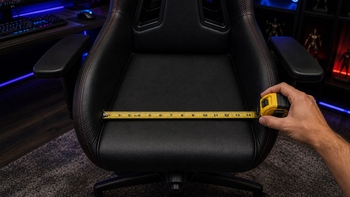 A black racing-style gaming chair seen from slightly above and in front, with a hand drawing a tape measure across the flat section of the seat pan between the raised side bolsters; the tape reads about 14.5 inches.