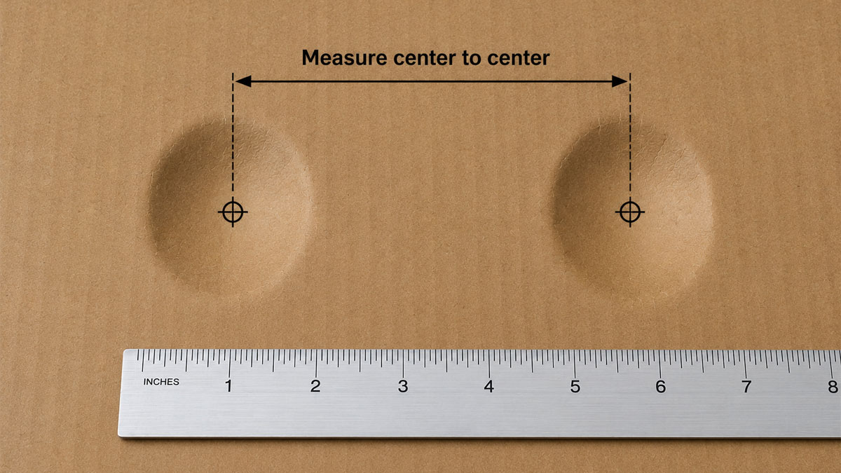 A flattened cardboard box showing two shallow sit-bone dents, each marked with a crosshair, a dimension arrow labeled “Measure center to center” spanning between them, and a steel ruler laid below.