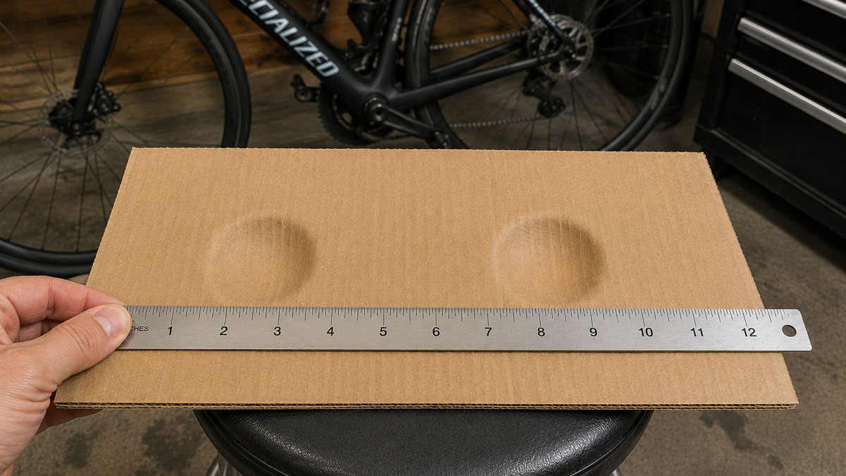 A sheet of corrugated cardboard resting on a workshop stool with a road bike behind it. Two shallow sit-bone dents are pressed into the card, and a steel ruler marked in inches is held along the lower edge.